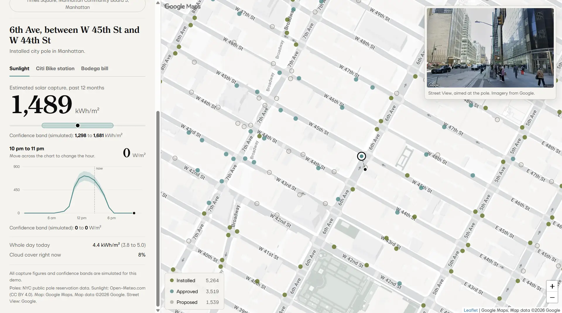 Solaira Urban Solar Estimator showing solar capture estimates and streetlight locations in Midtown Manhattan